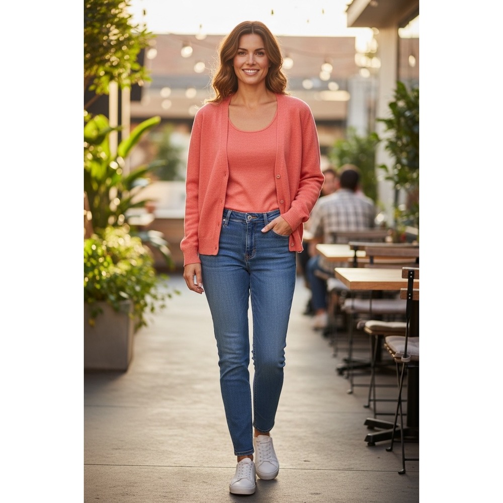 Lands End‎ Coral Pink Sweater Twin Set Cardigan Pullover Petite Medium 10-12